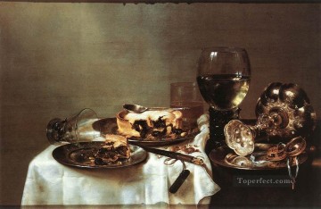 monochrome black white Painting - Breakfast Table With Blackberry Pie still lifes Willem Claeszoon Heda